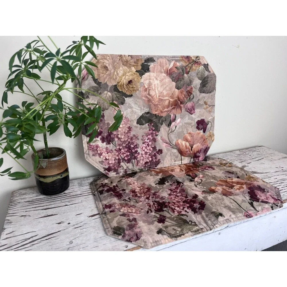 Vintage Quilted Fabric Floral Bouquet Roses Lilacs, Muted Foliage Placemats Set